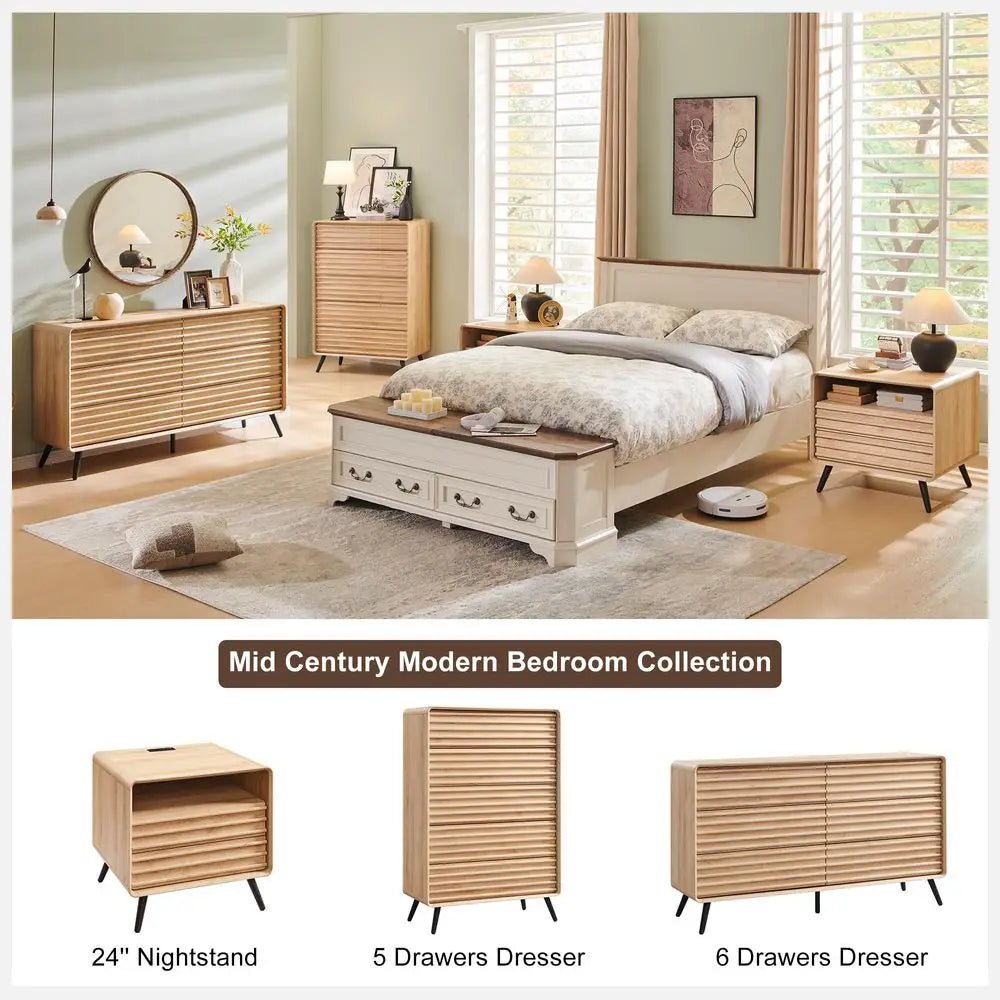 Mid Century Modern Fluted Wood Five Drawer Dresser