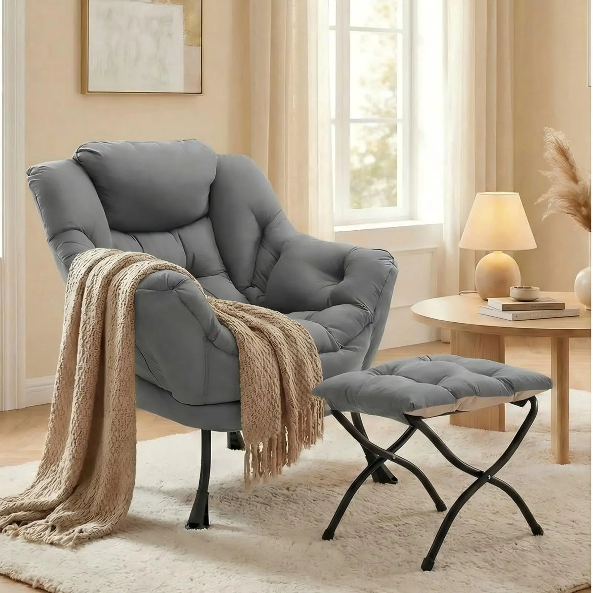 Lazy Chair with Foldable Ottoman,Modern Comfy Lounge Chair,Large Sofa Armchair,Reading Chair,with Footrest,a Side Pocket,non-slip foot pads,for Bedroom,Living Room,Dorm