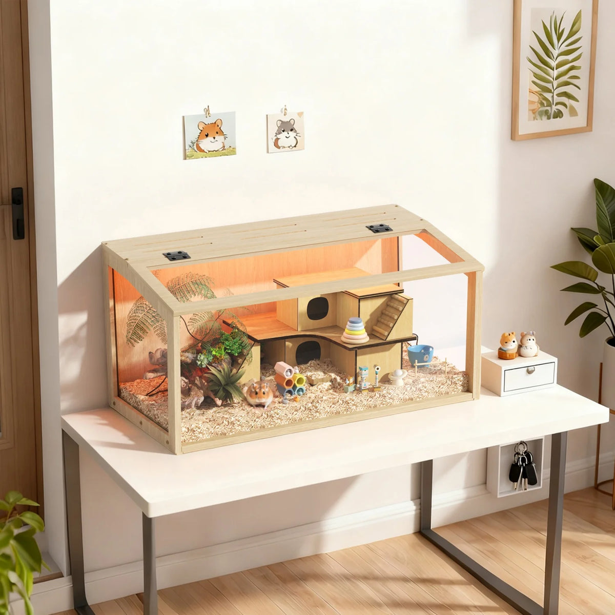 Wooden Chewproof Hamster Cage with Tempered Glass and LED Lighting