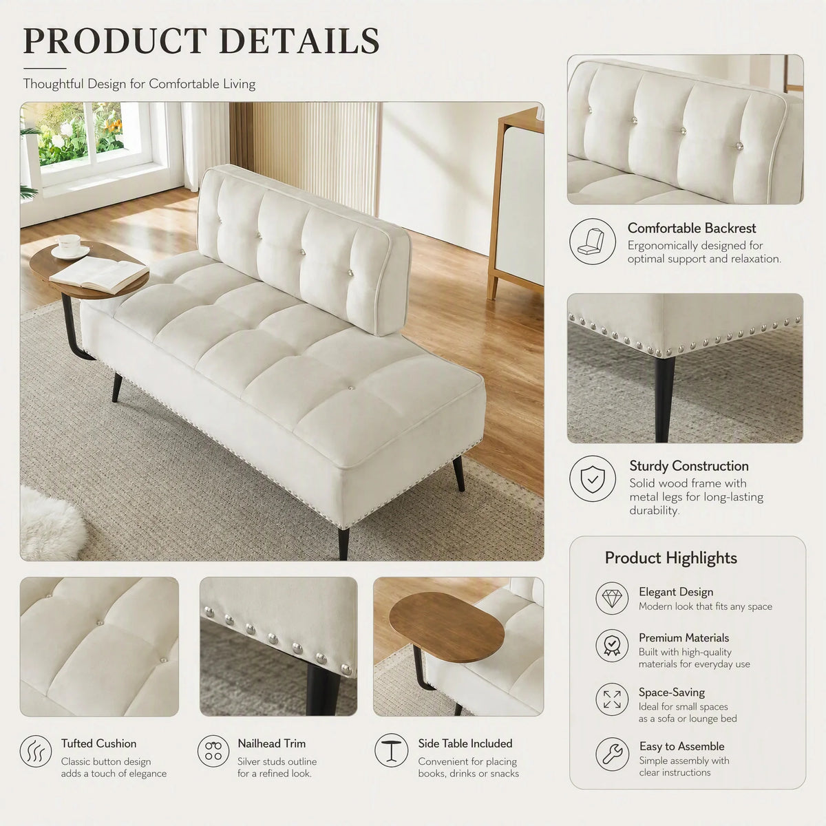 Modern Armless Velvet Sofa With Integrated Rotating Side Table