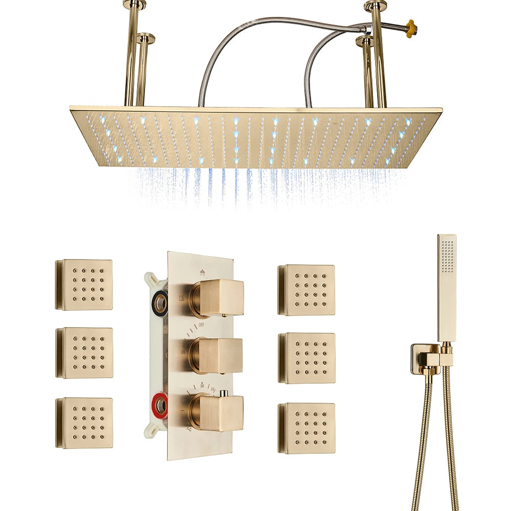 Uythner Brushed Gold Thermostatic Shower Faucet With Rainfall Head