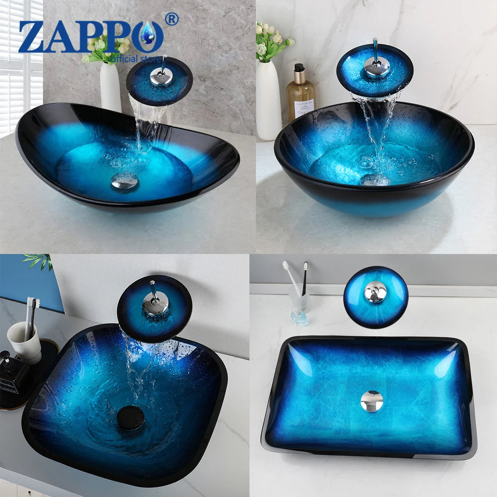 Mekkhala Oval Blue Tempered Glass Vessel Sink With Waterfall Faucet