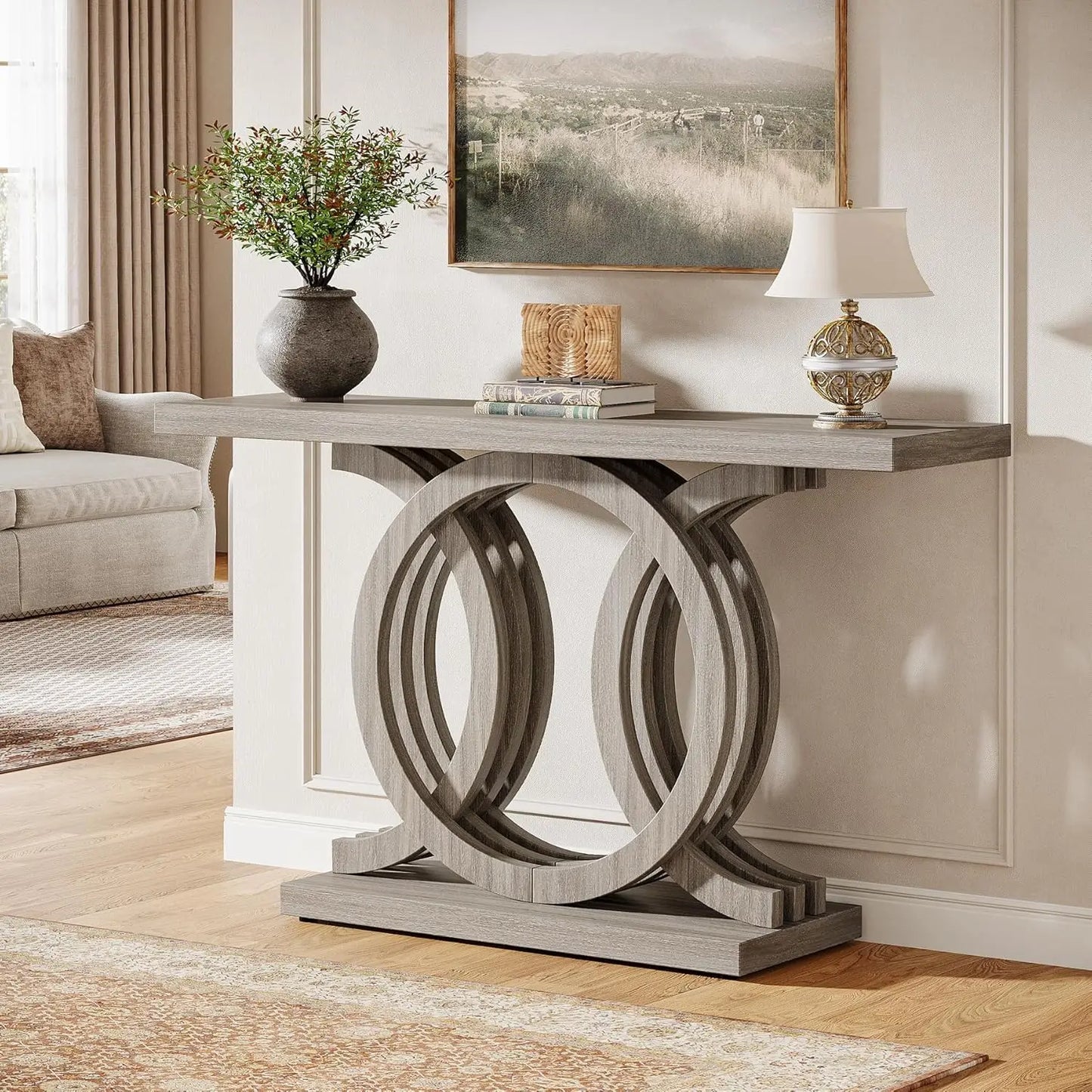 LITTLE TREE Geometric Wood Base Console Table For Entryway