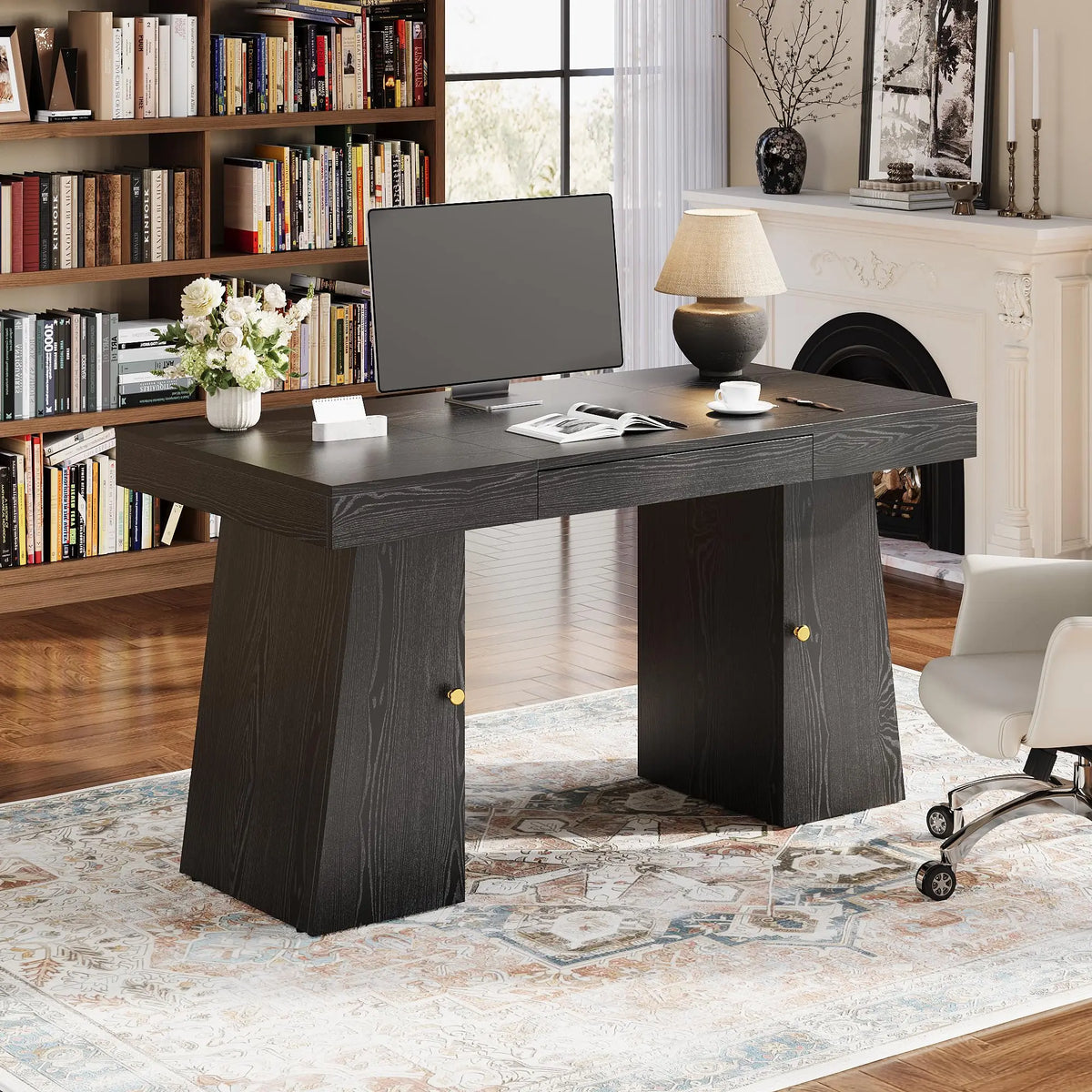 55 X 27.5 Inch Computer Desk With Drawer, Cabinet & Storage Shelves, Gaming Writing Study Table For Home Office Work