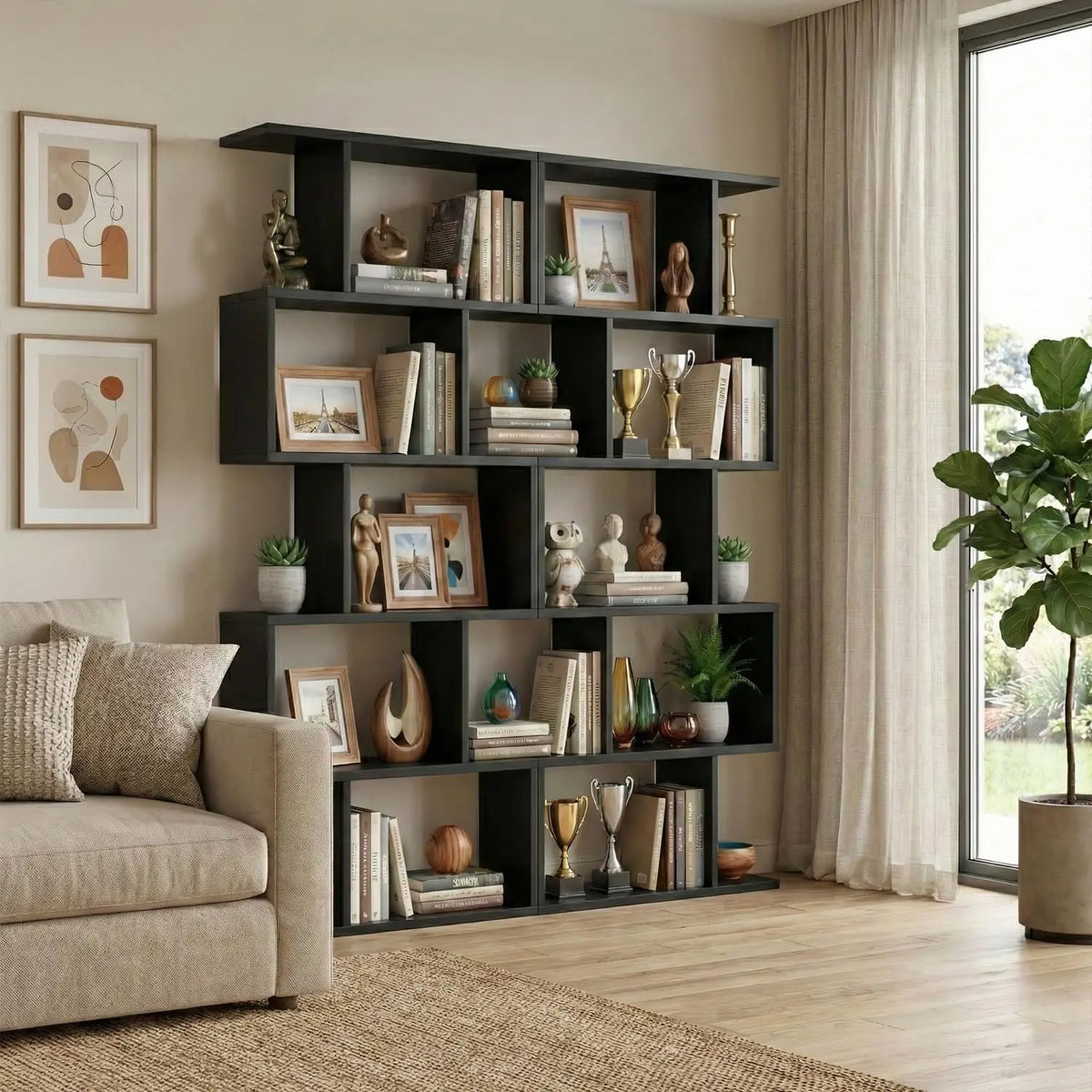 Freestanding Five Tier Geometric Bookshelf And Room Divider