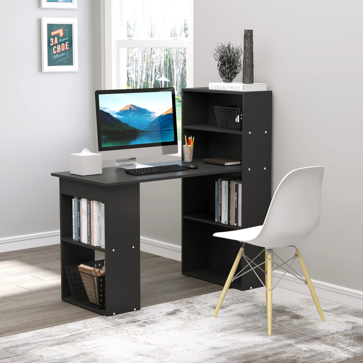 HOMCOM Modern Home Office Desk with 6-Tier Storage Shelves, 47" Writing Desk with Bookshelf, Black