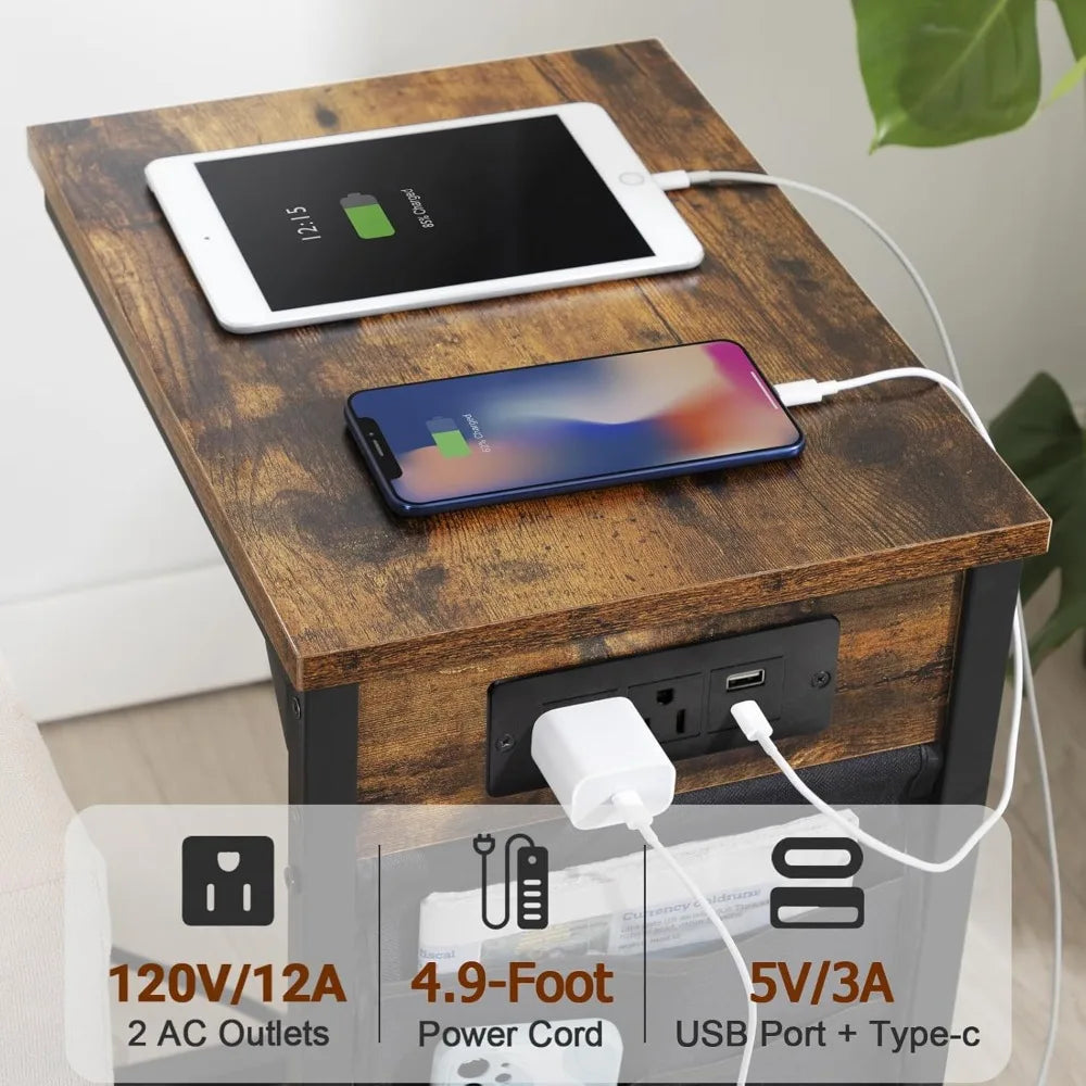 XIUWO C Shaped End Table With USB Charging Station Set