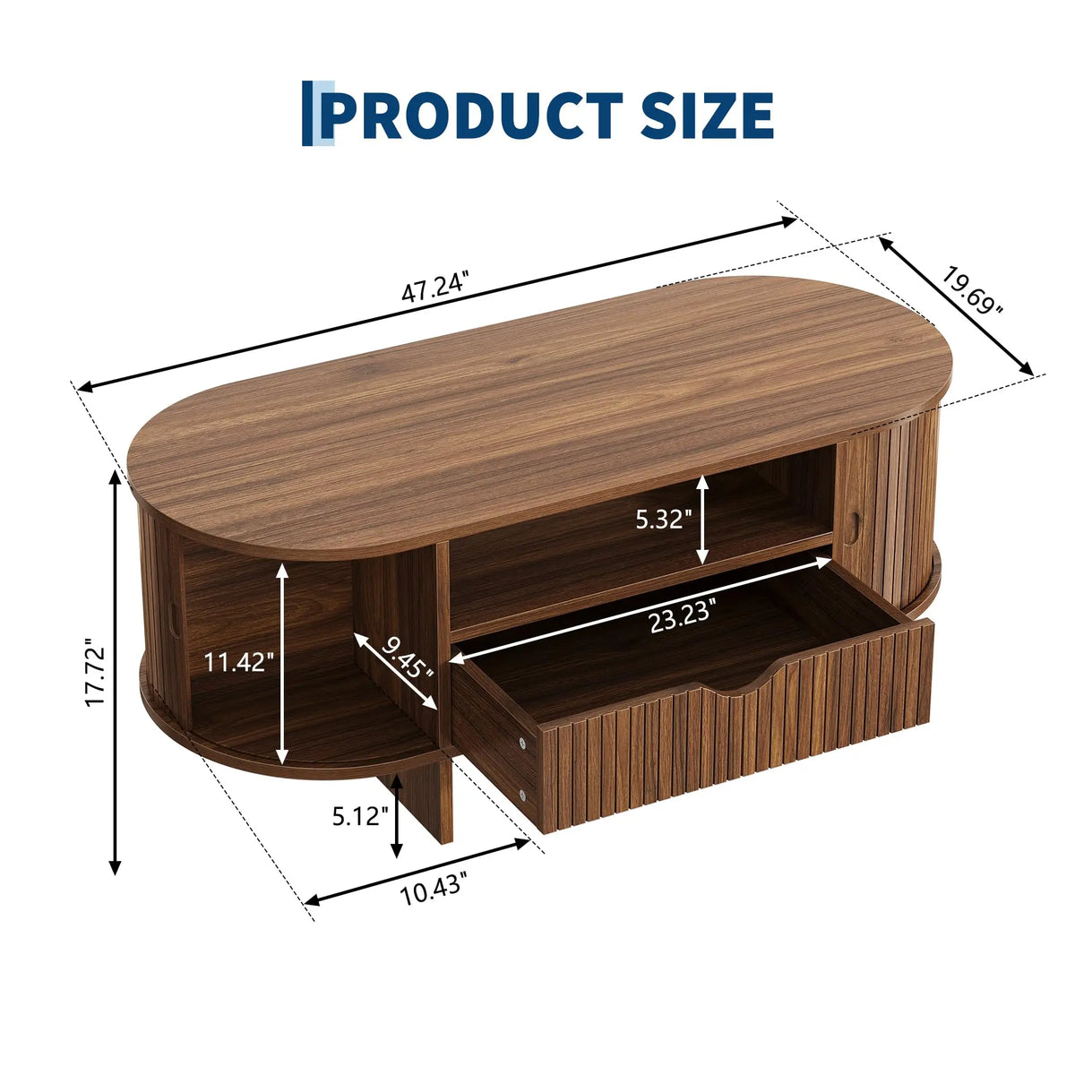 HiMiss Oval Wooden Coffee Table With Storage Drawer Fluted Design