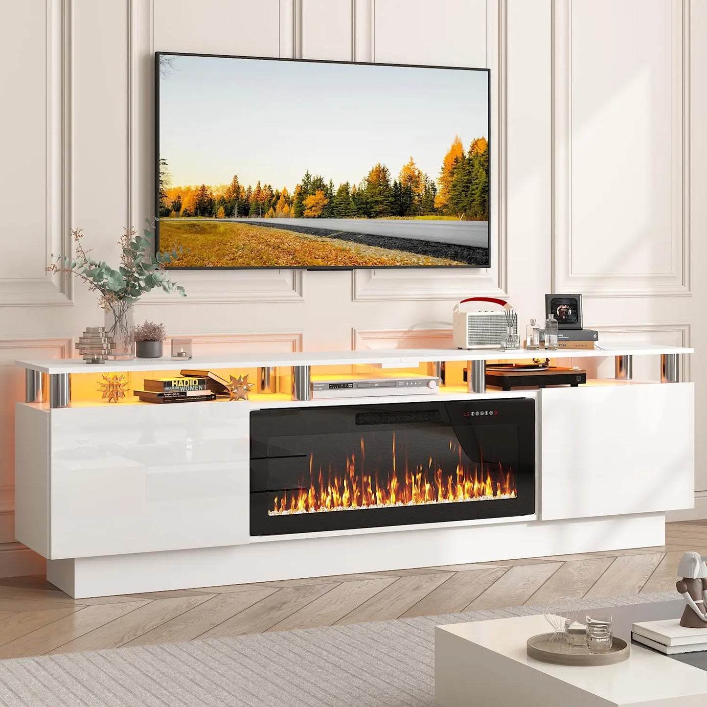 Frame Modern Wood Television Stand With Led Fireplace Entertainment Center