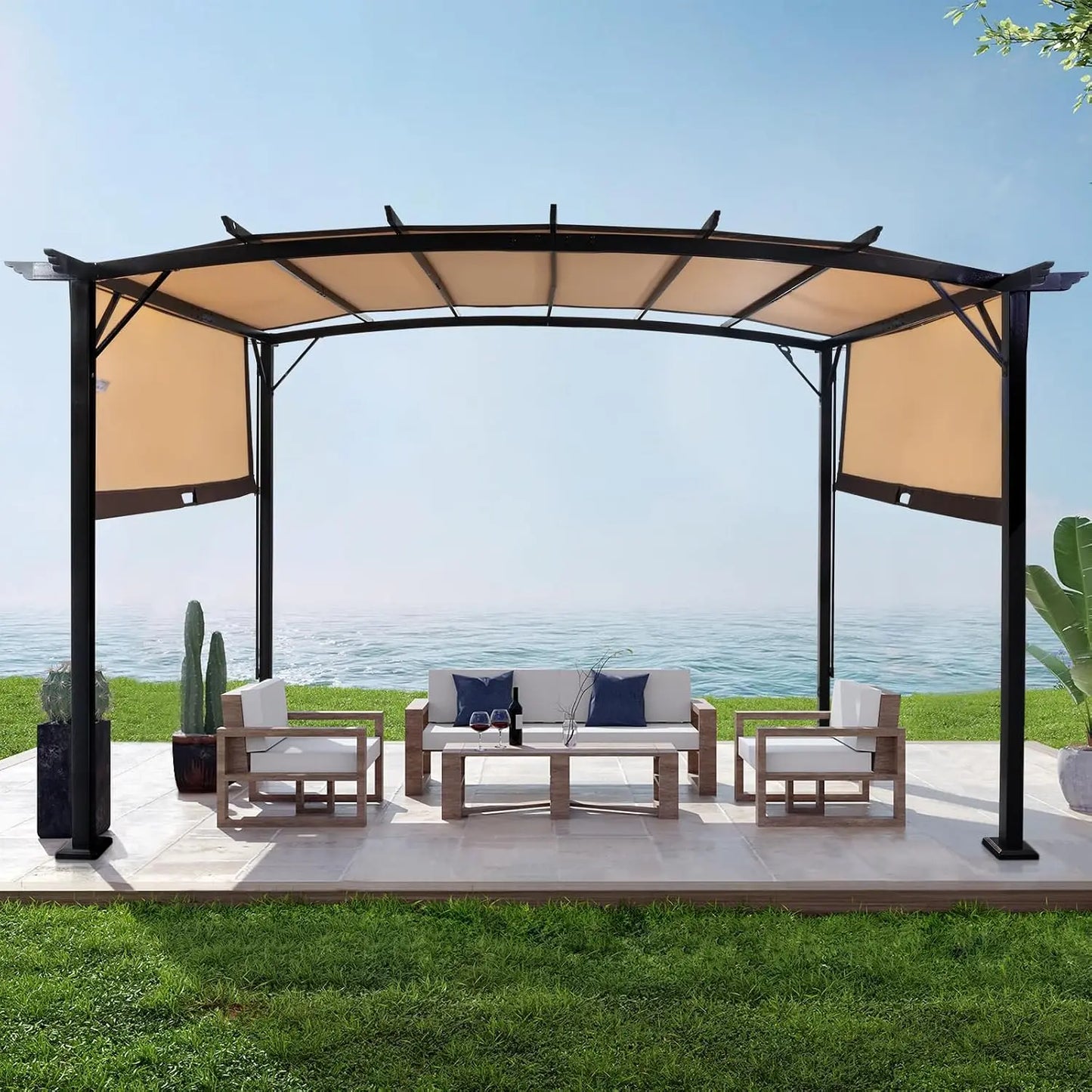 Arched Patio Pergola Aluminum Gazebo With Adjustable Sun Shade