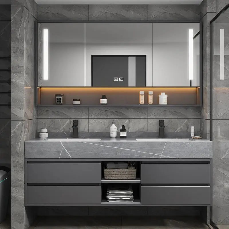 Simple Modern Wooden Bathroom Vanity Combo With Integrated Mirror And Basin