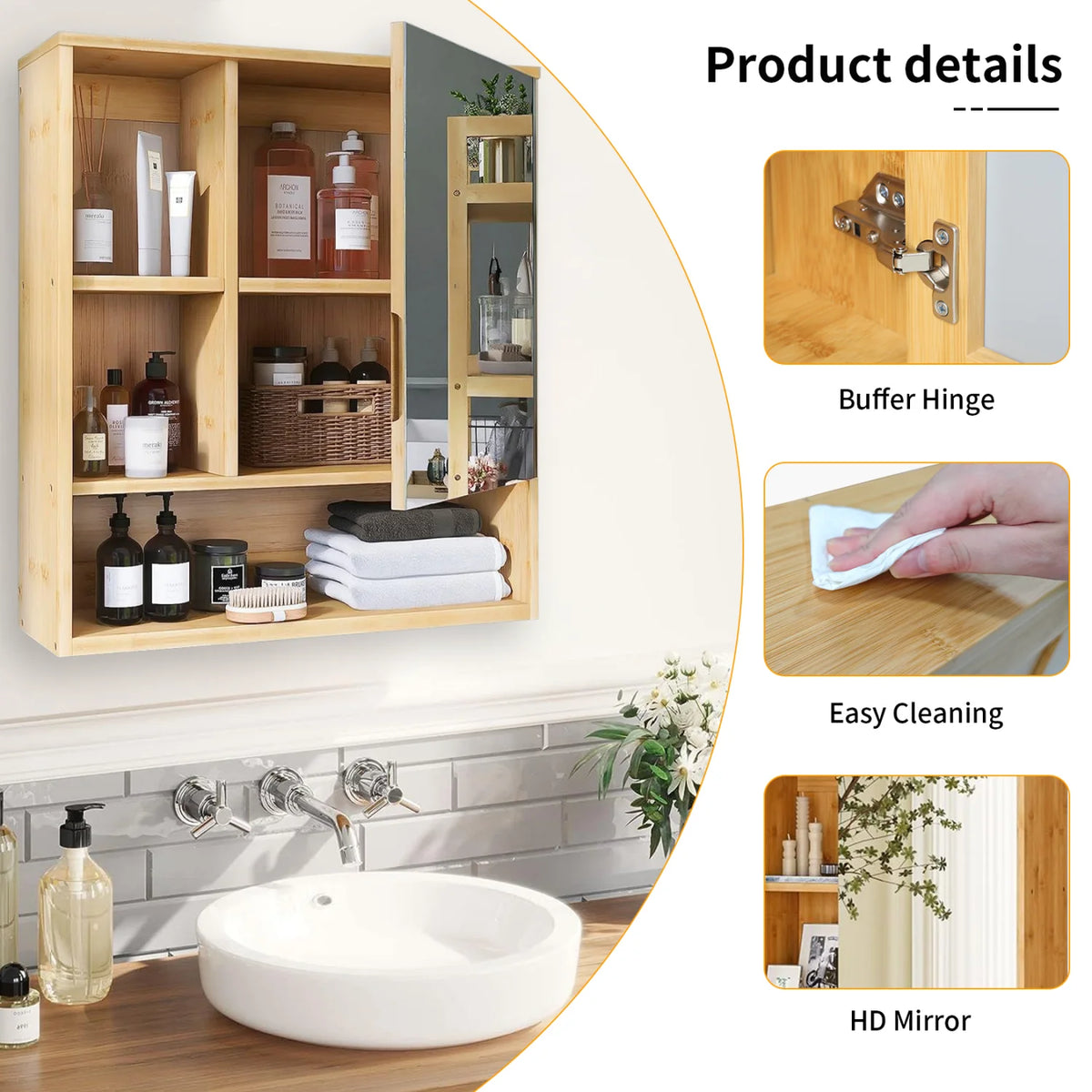 Wall Mounted Bamboo Cabinet With Adjustable Mirror Shelf