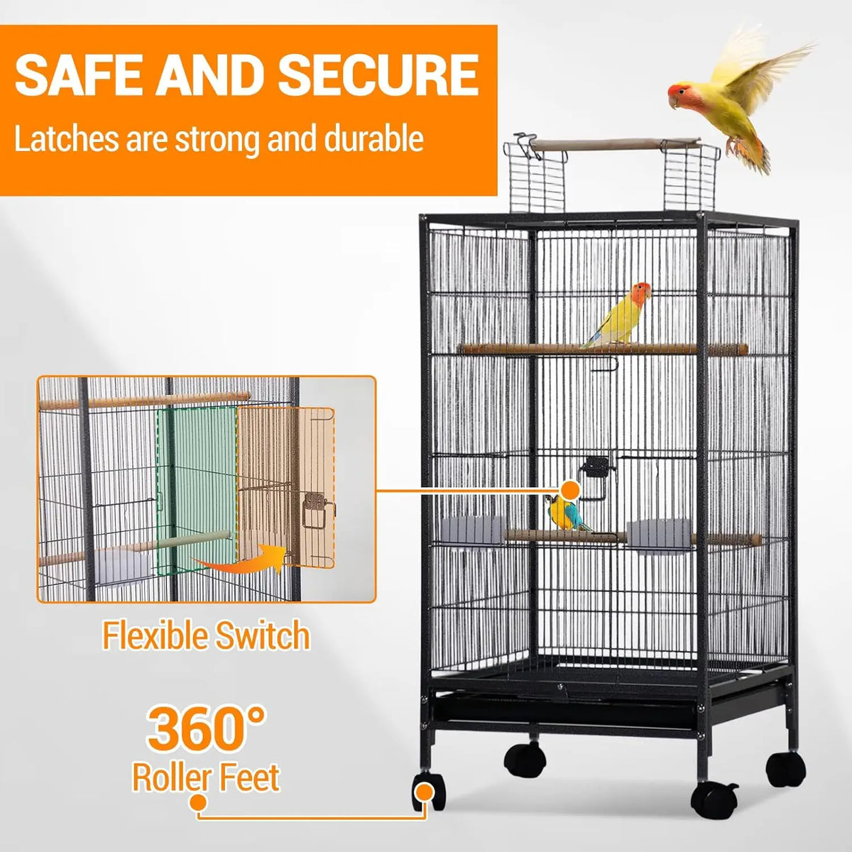 HiMISS Open Top Budgie Cage With Rolling Stand Tray