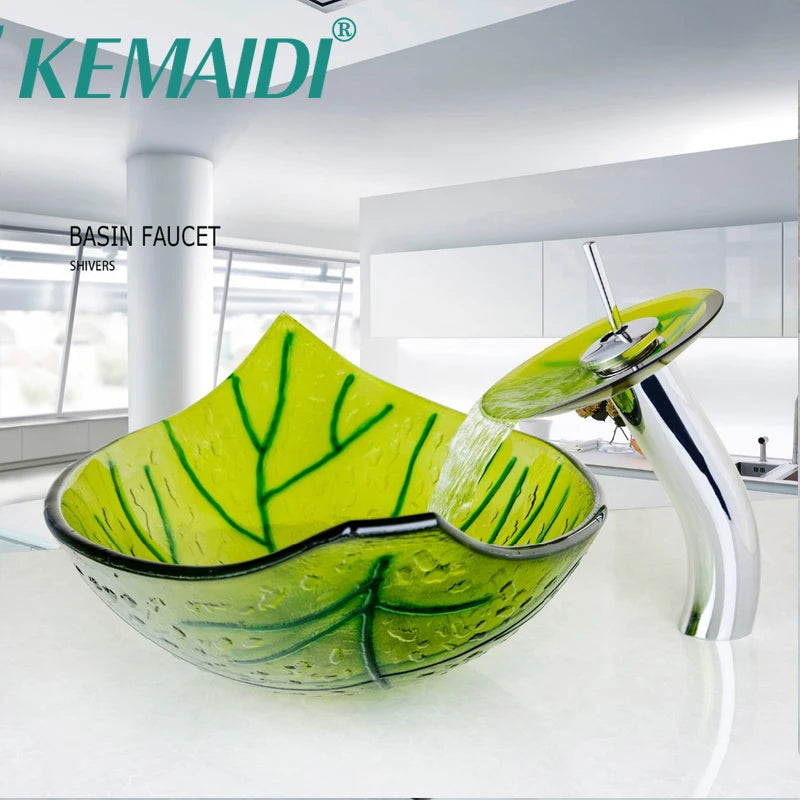 SINLAKU Tempered Glass Vessel Sink With Waterfall Faucet Set