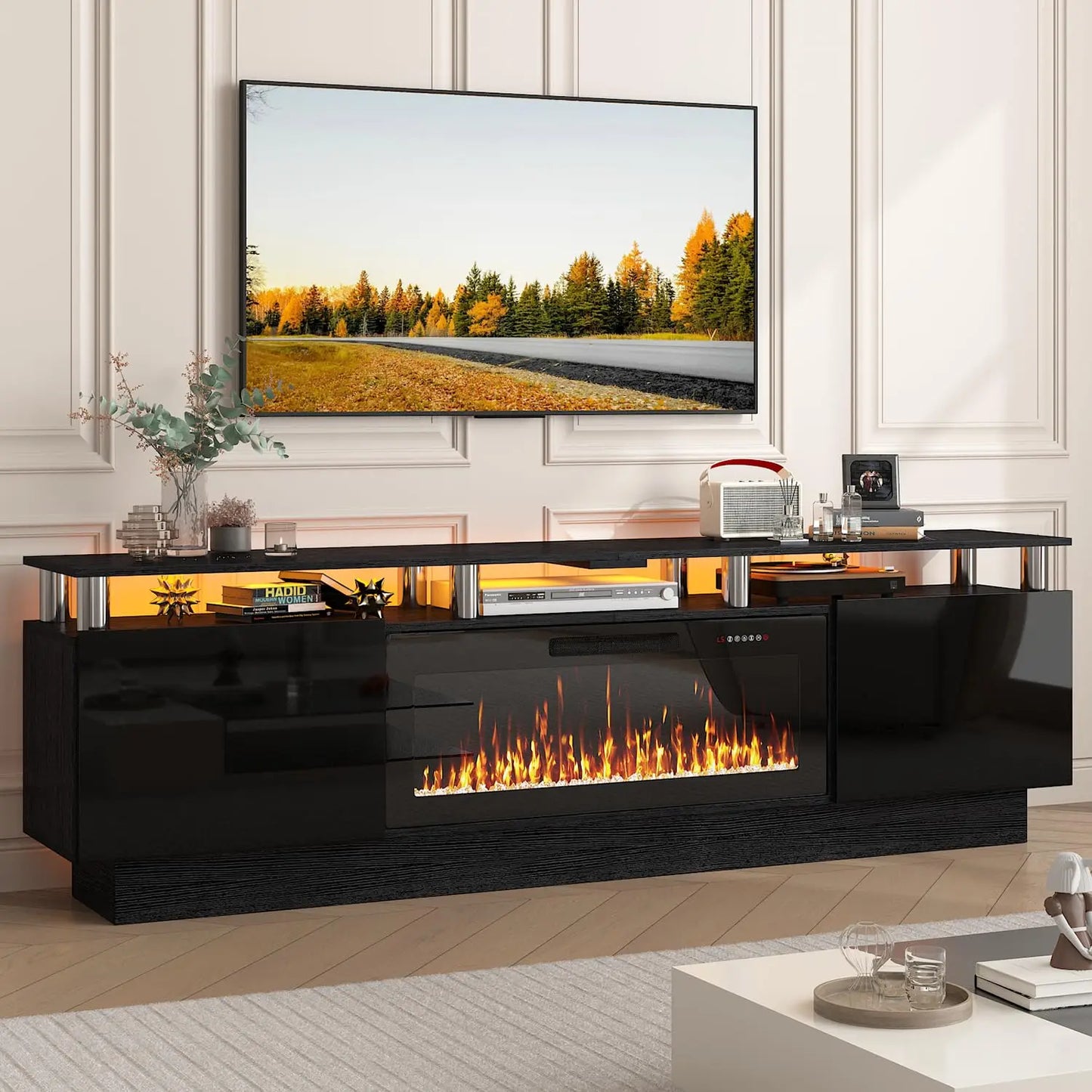 Frame Modern Wood Television Stand With Led Fireplace Entertainment Center