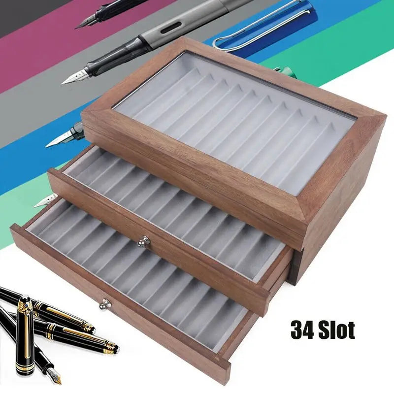 Walnut Wood 34 Slot Pen Storage Case With Drawer Display