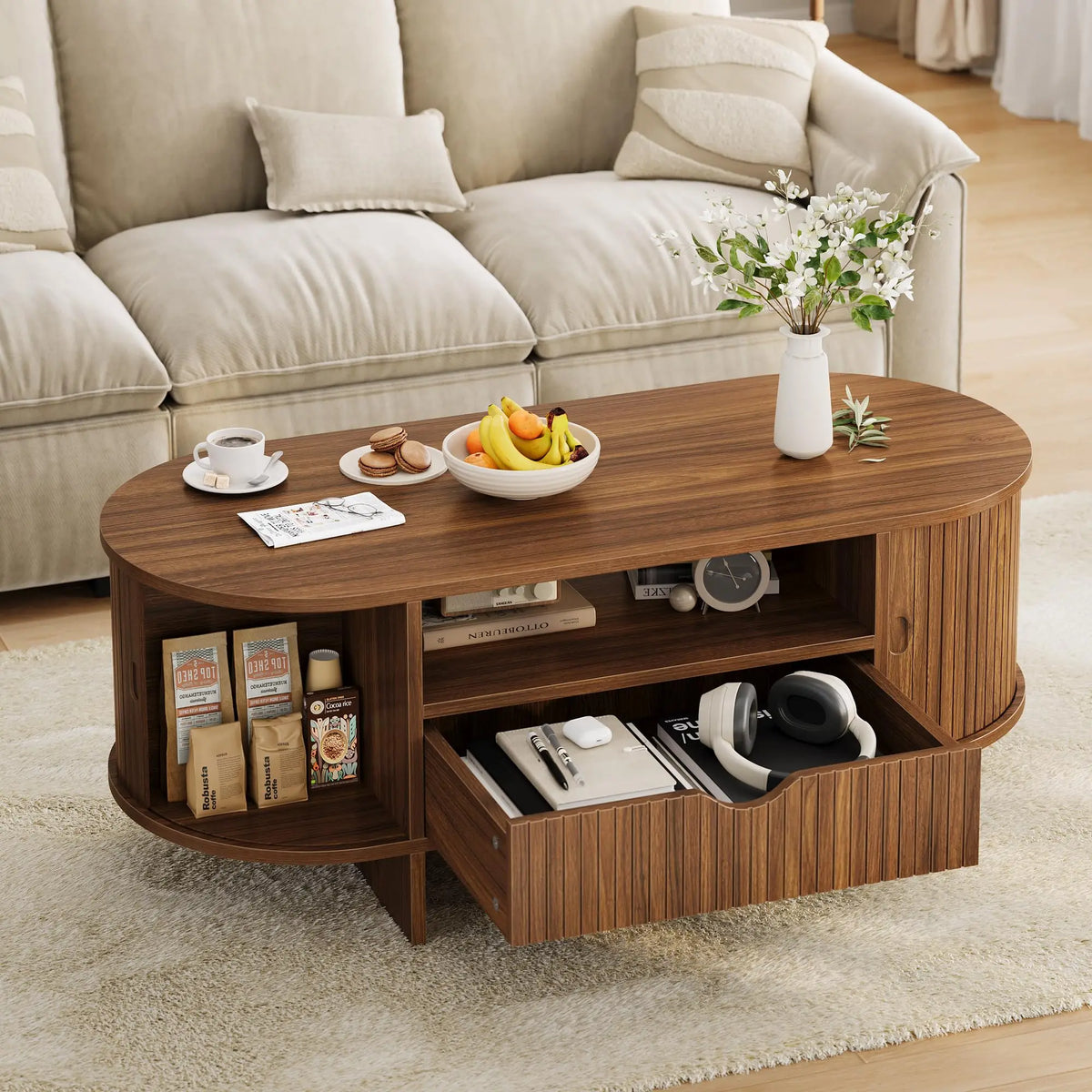 HiMiss Oval Wooden Coffee Table With Storage Drawer Fluted Design