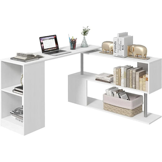 Rotating Corner Computer Desk With Three Tier Bookshelf Storage