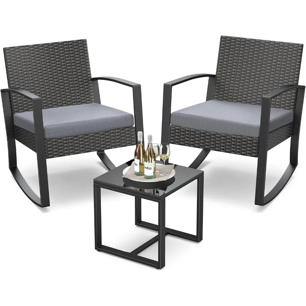 Outdoor Rattan Rocking Bistro Set With Coffee Table
