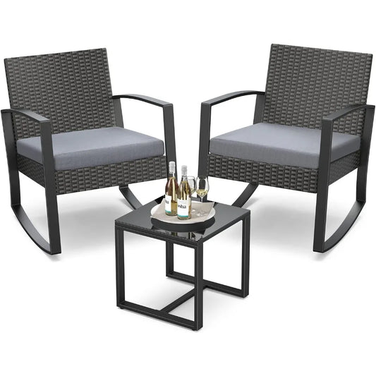 Outdoor Rattan Rocking Bistro Set With Coffee Table