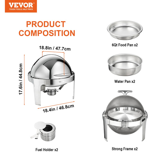 SucceBuy Stainless Steel Roll Top Chafing Dish Buffet Set
