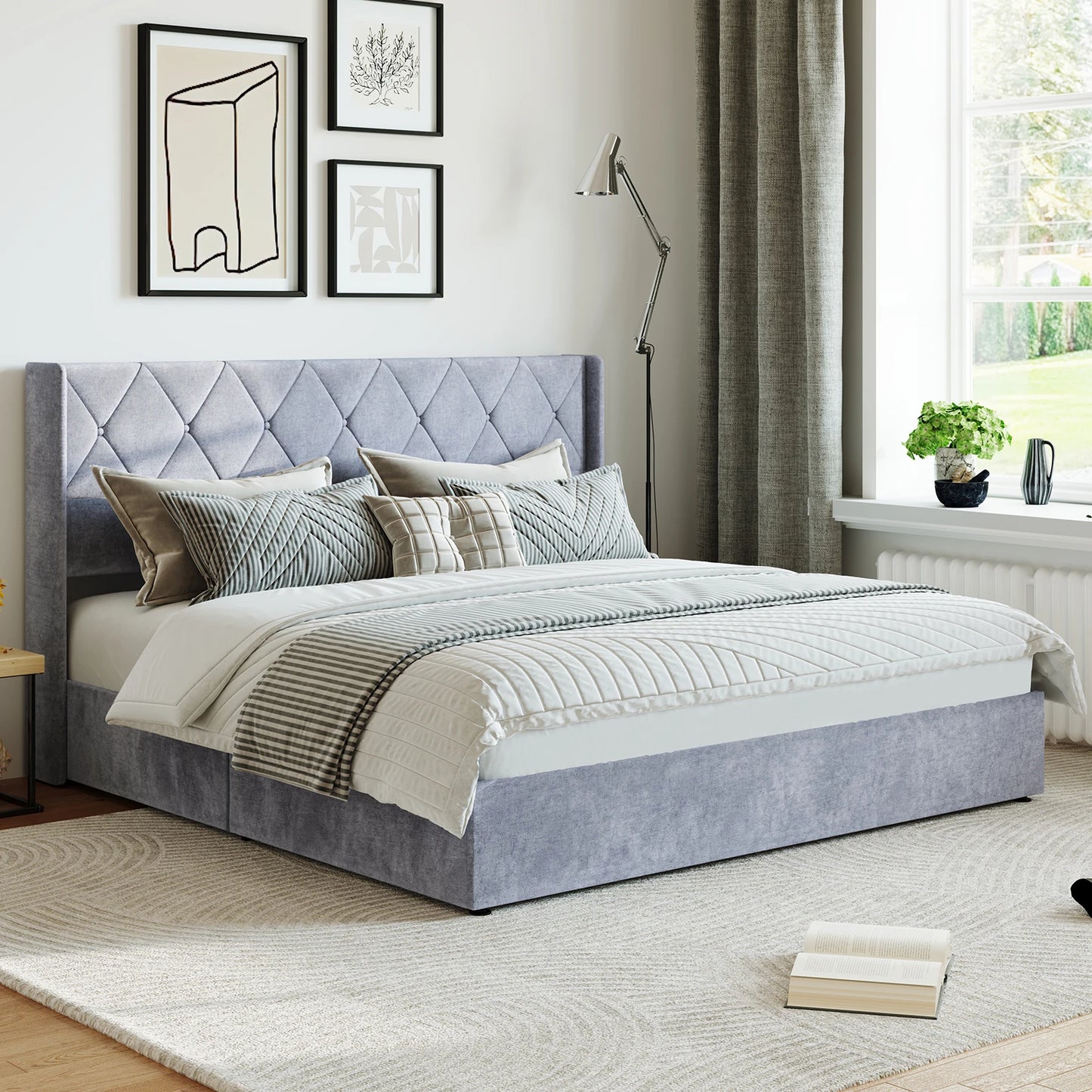JHK Lift Up Storage Bed With Upholstered Wingback Headboard