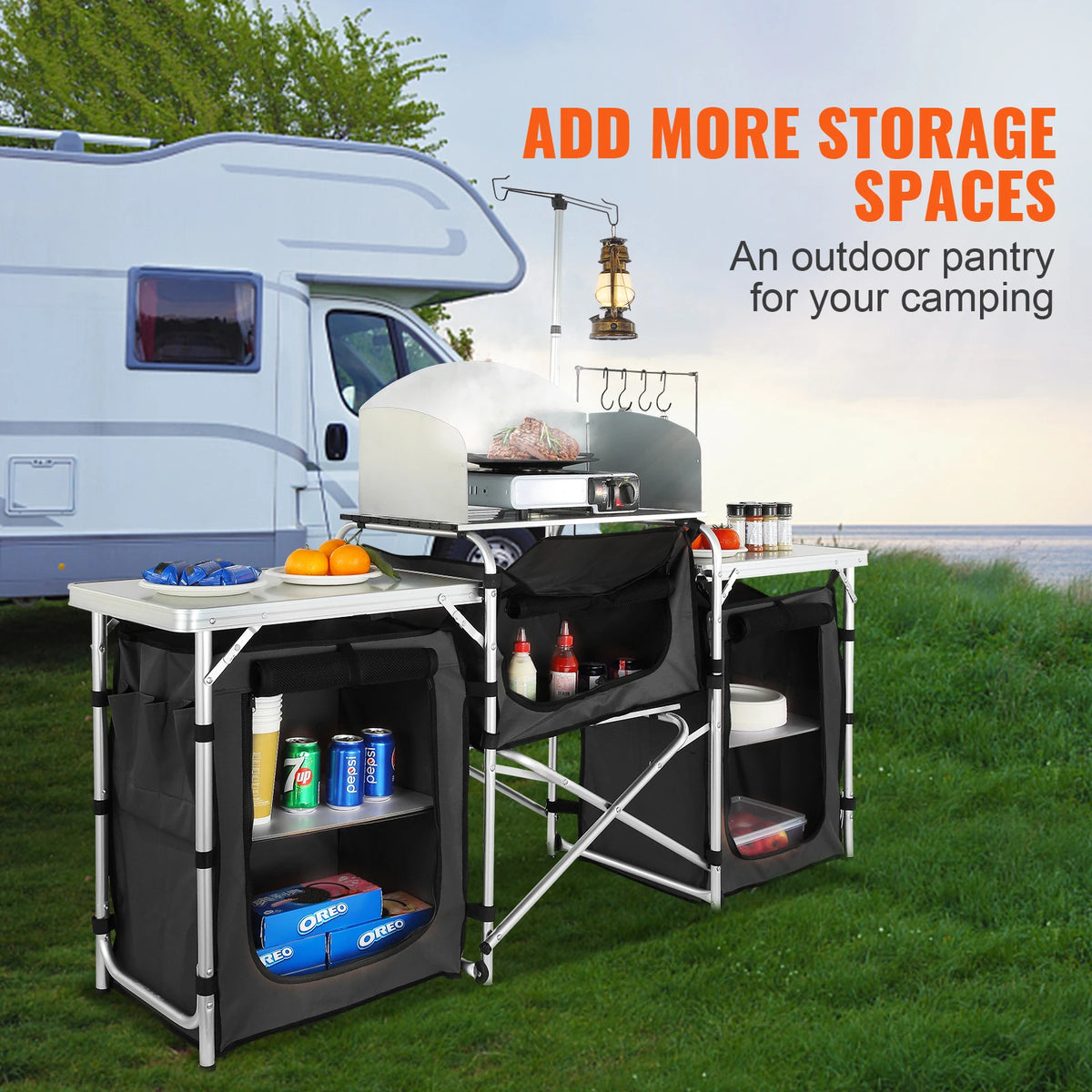 SucceBuy Outdoor Folding Kitchen Table With Storage Rack