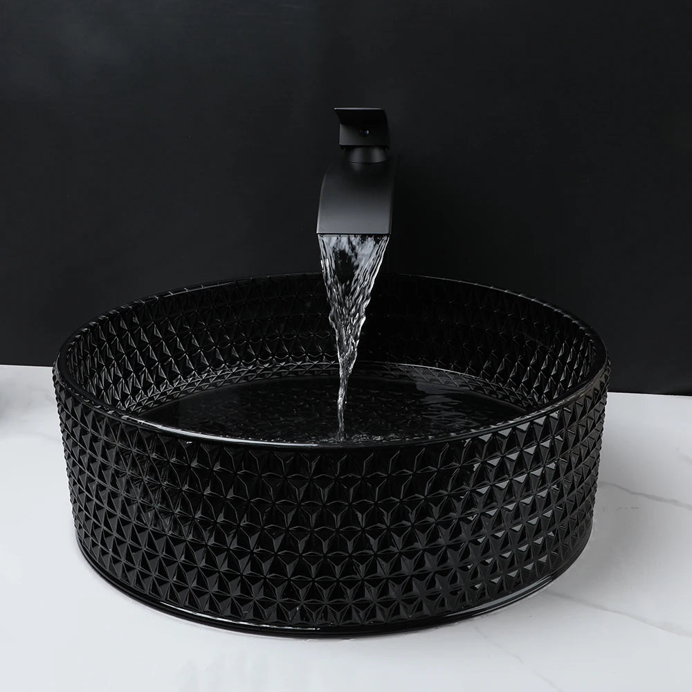 Mekkhala Black Crystal Glass Round Vessel Sink And Faucet Combo