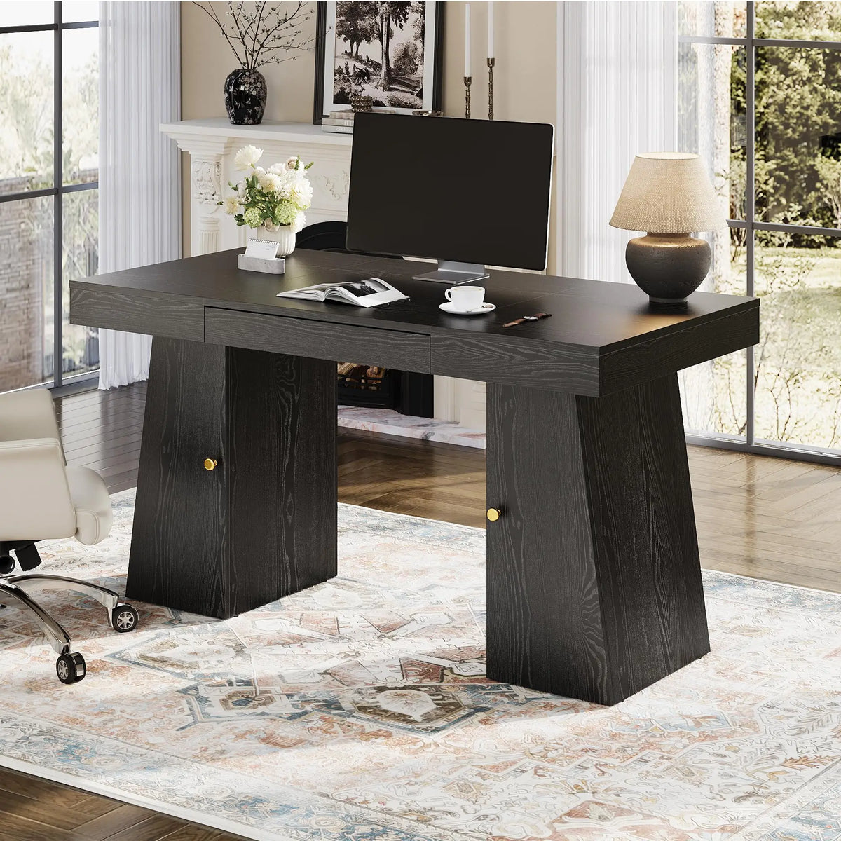 55 X 27.5 Inch Computer Desk With Drawer, Cabinet & Storage Shelves, Gaming Writing Study Table For Home Office Work