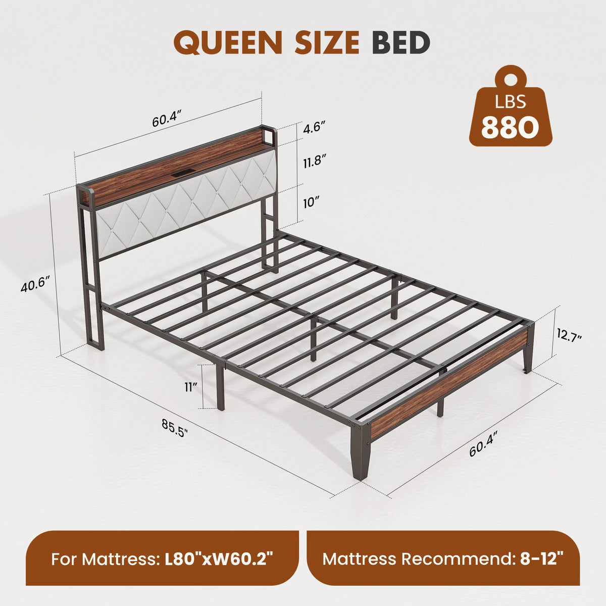 JHK Metal Bed Frame With Storage And Charging Station