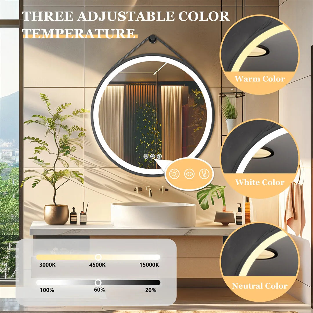 BORWART Round LED Bathroom Mirror Anti Fog Dimmable Leather Strap