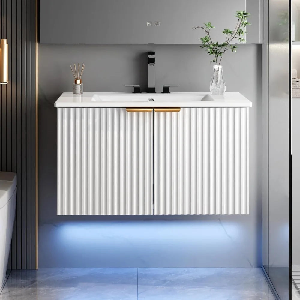 Floating Wall Mounted Vanity Cabinet With Integrated LED Light