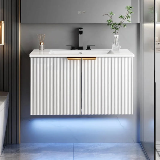 Floating Wall Mounted Vanity Cabinet With Integrated LED Light