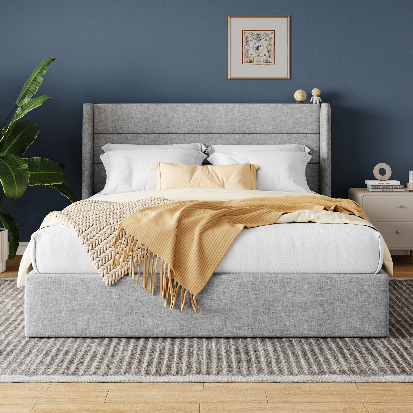 HOOMIC Lift Up Storage Bed With Wingback Headboard And Hydraulic Lift
