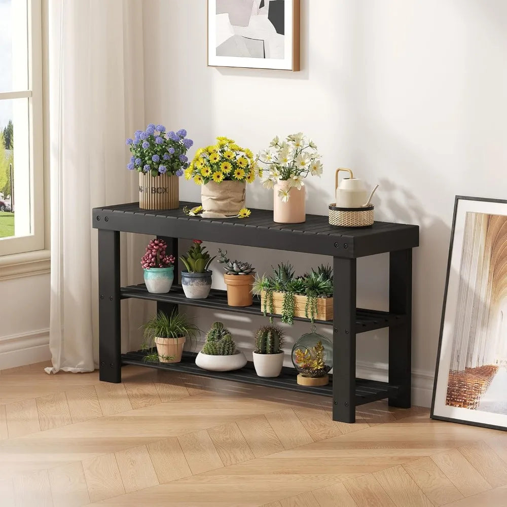 NBVCX Three Tier Bamboo Shoe Rack Bench Entryway Organizer