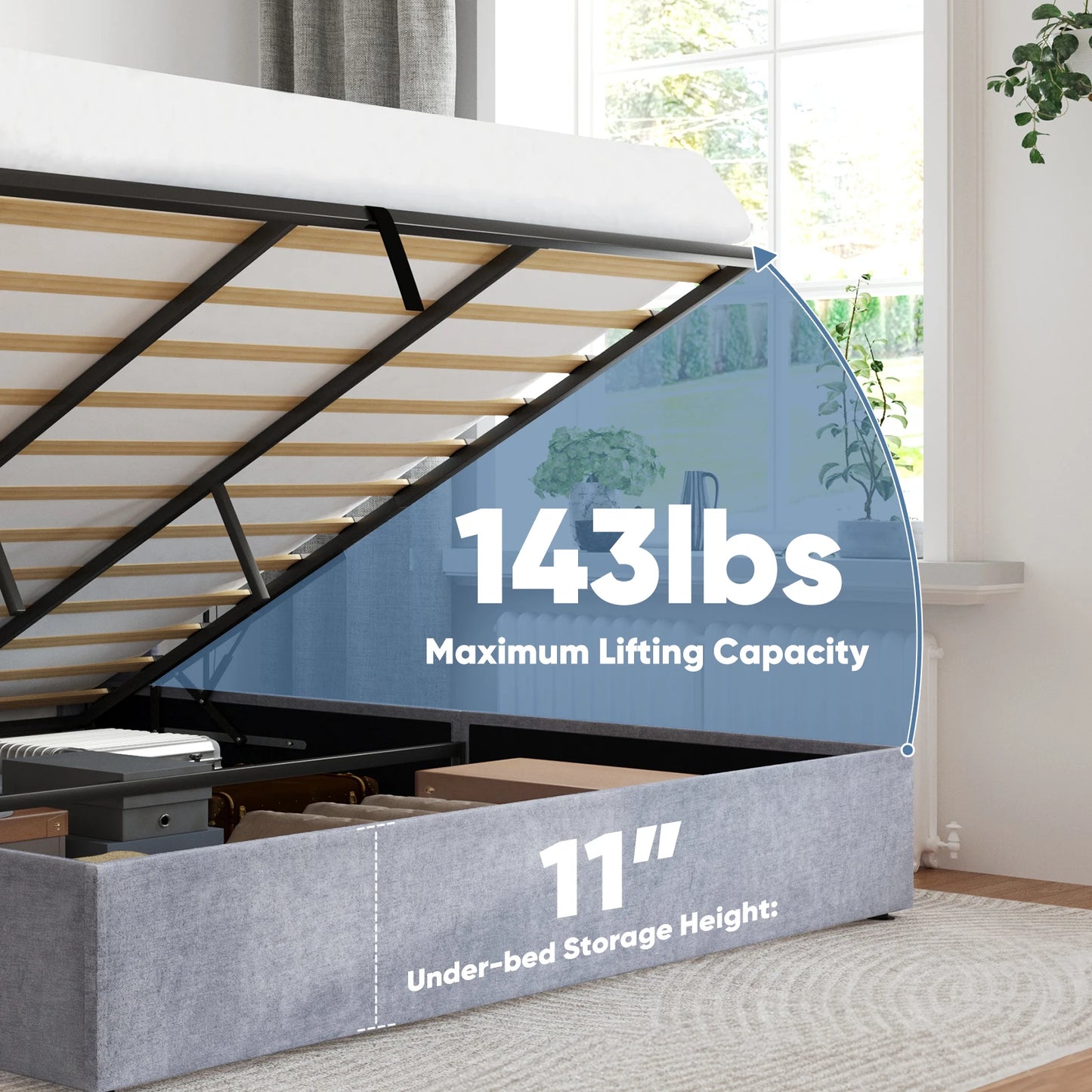 JHK Lift Up Storage Bed With Upholstered Wingback Headboard