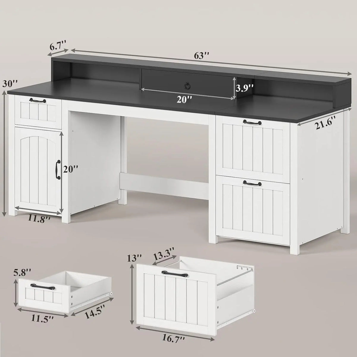 Farmhouse Office Desk With File Drawers And Monitor Stand