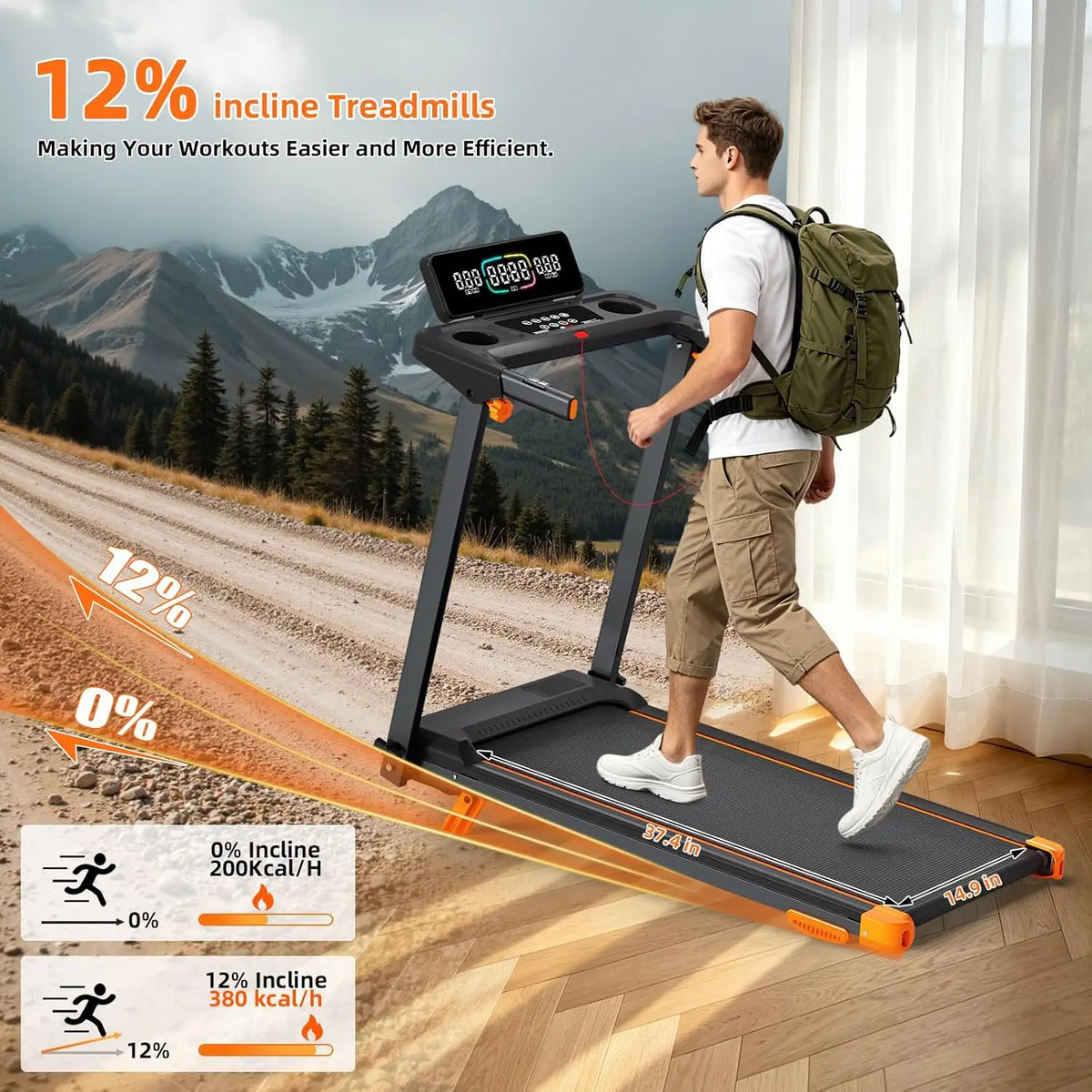 Folding Walking Pad Treadmill with 12 Percent Incline and App