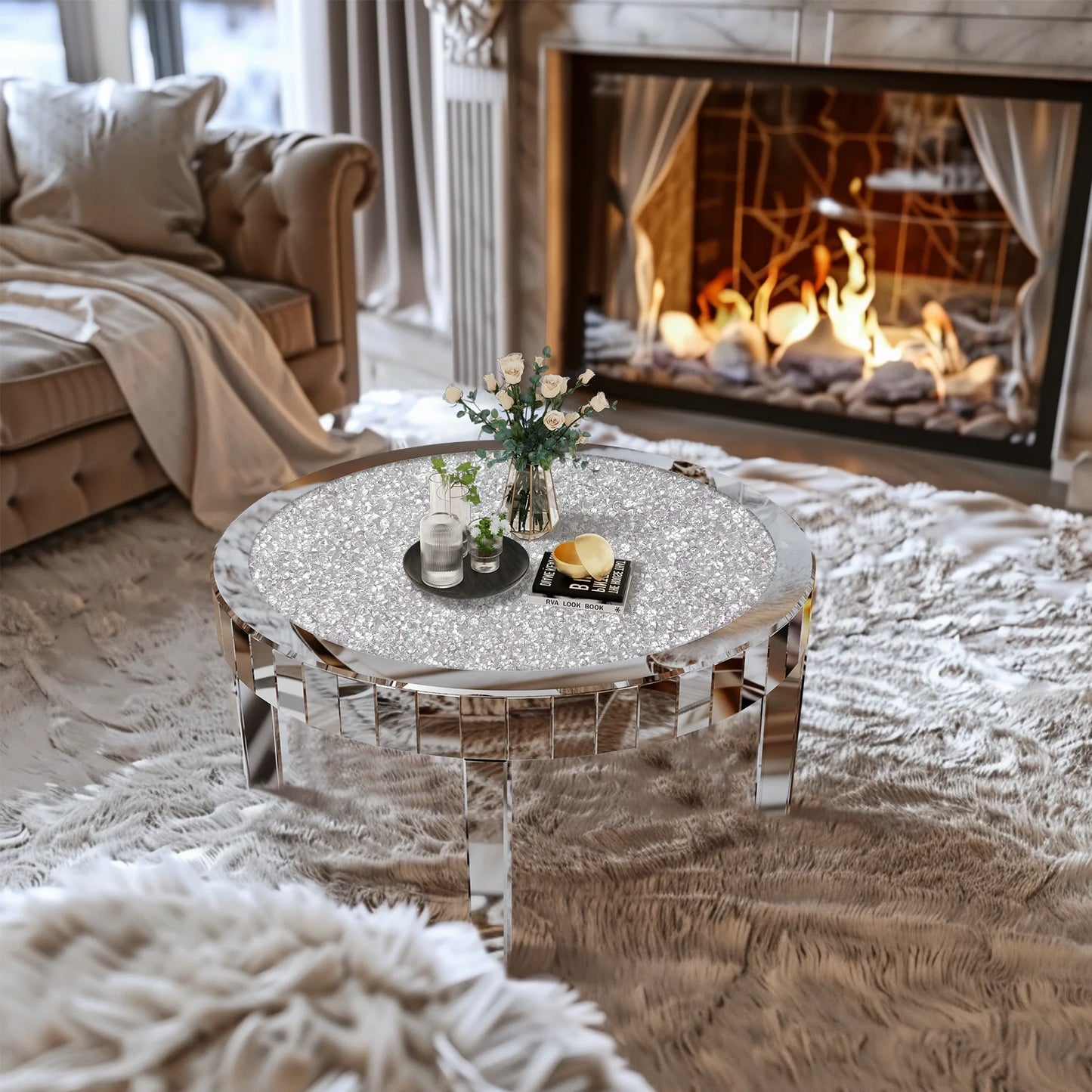 Modern Round Mirrored Coffee Table With Crystal Inlay