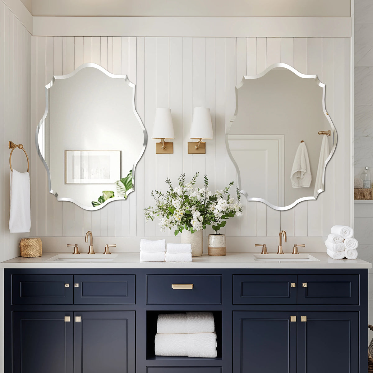 Wisfor Scalloped Frameless Beveled Edge Wall Mirror for Bathroom Vanity