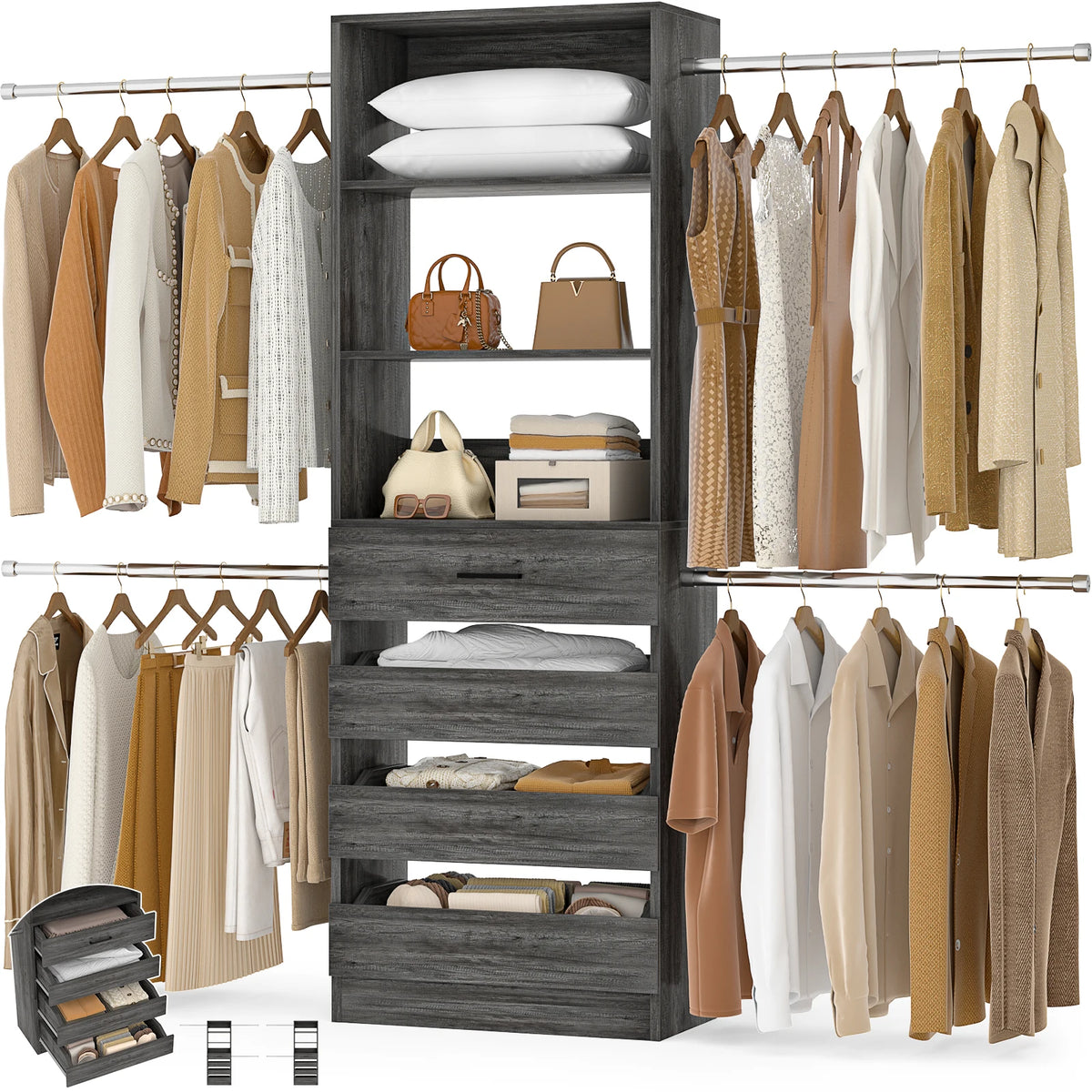 Aheaplus Wooden Closet Organizer With Four Drawers And Hanging Rods