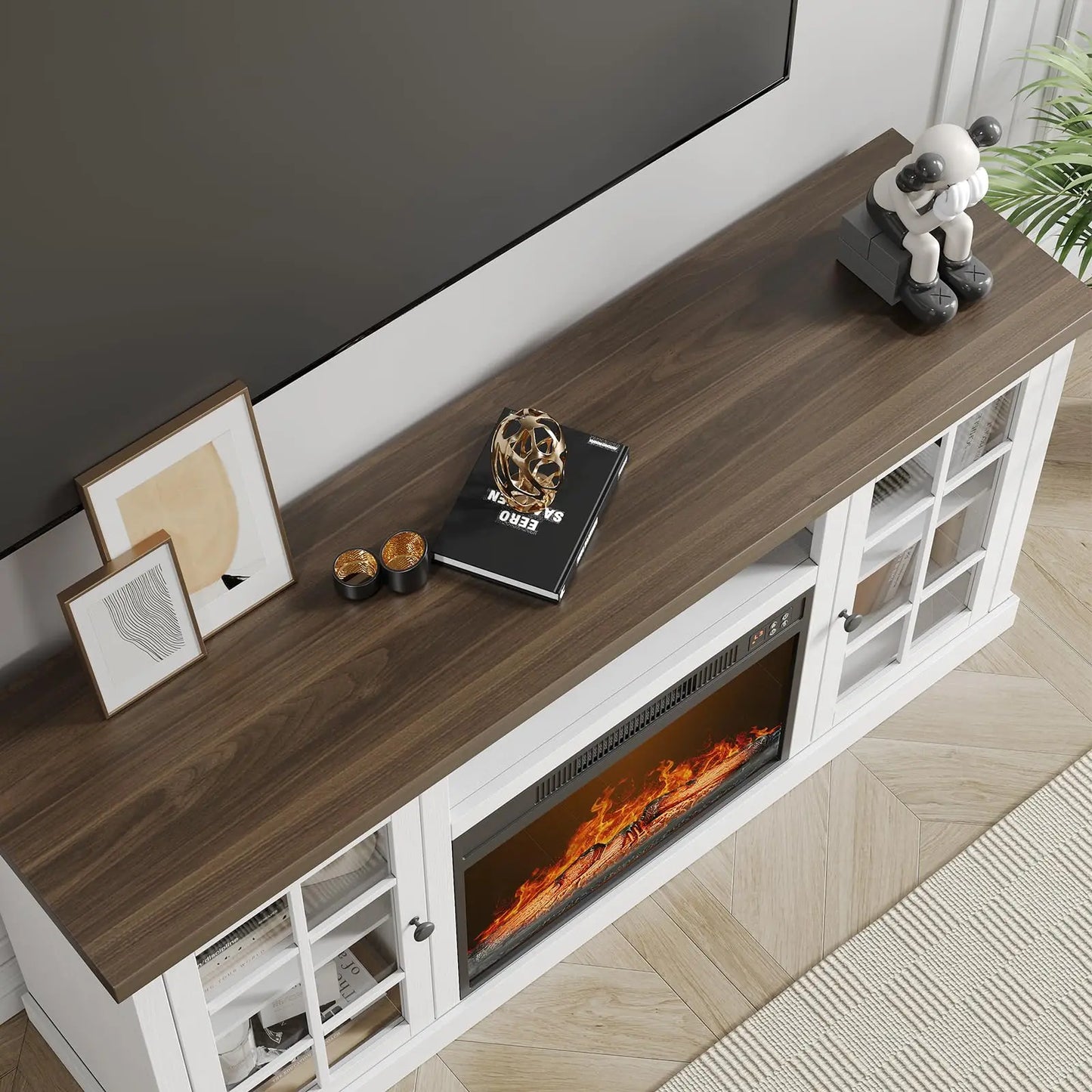 ONBRILL Farmhouse TV Stand With Electric Fireplace And Glass Doors