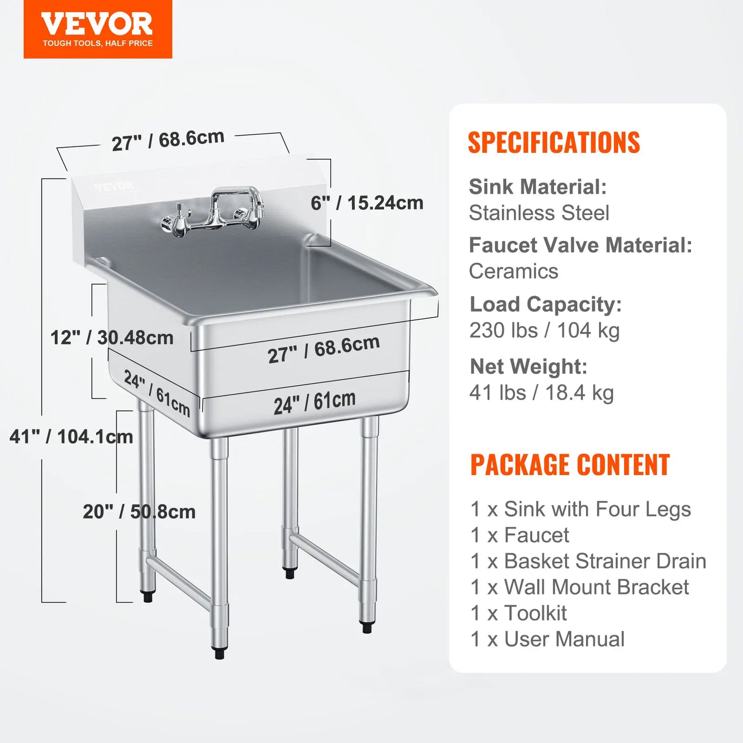 Stainless Steel Kitchen Prep Sink With Faucet 1 Compartment