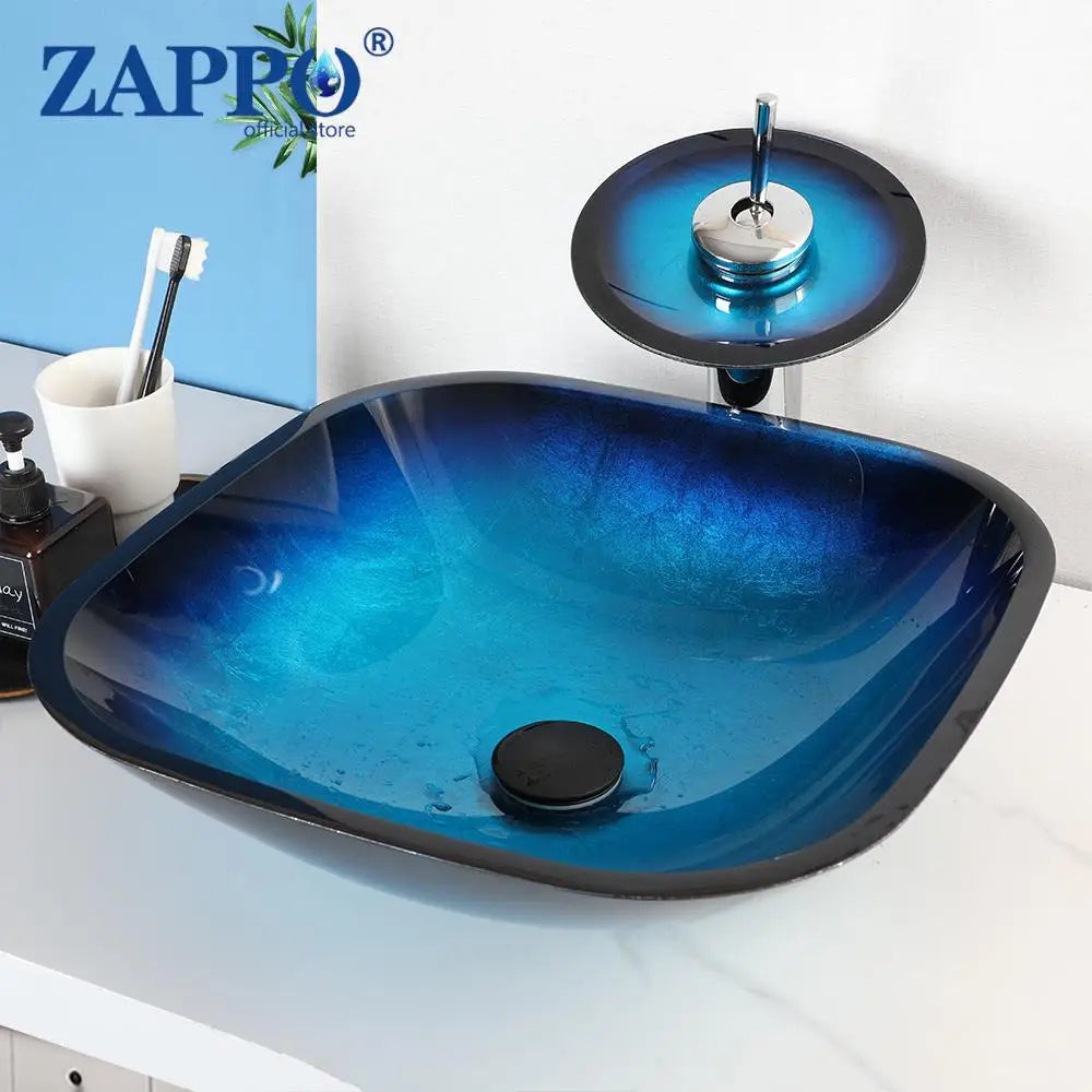 Mekkhala Oval Blue Tempered Glass Vessel Sink With Waterfall Faucet