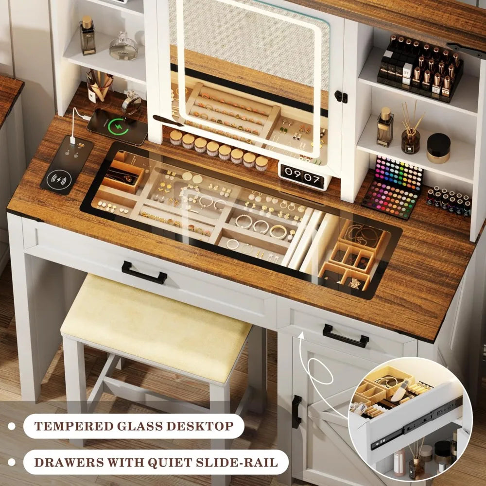 XIAOLANG Farmhouse Vanity Desk With Mirror Lights And Drawers