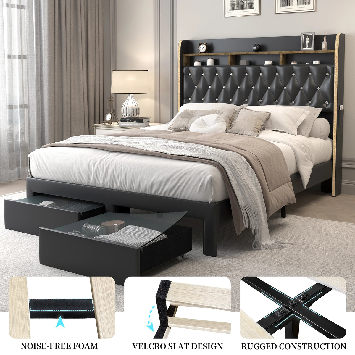 SIBEDS Upholstered Platform Bed Frame With LED Lights And Storage