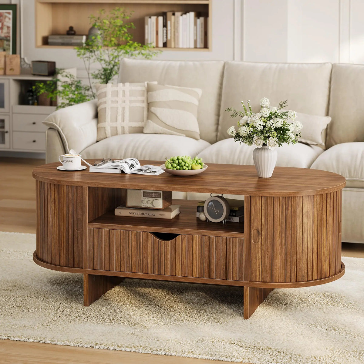 HiMiss Oval Wooden Coffee Table With Storage Drawer Fluted Design