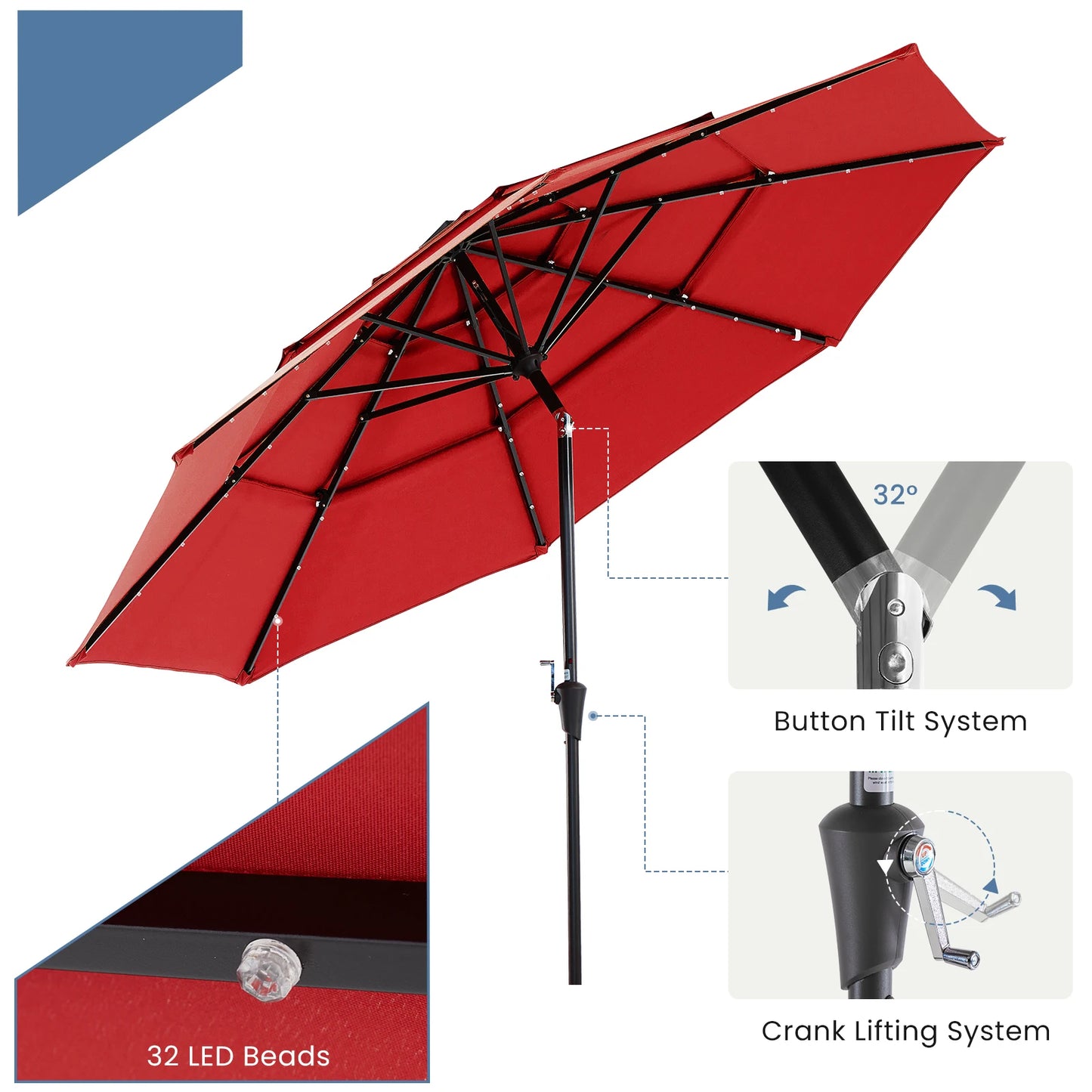 JHK Outdoor Solar Patio Umbrella With 32 LED Lights