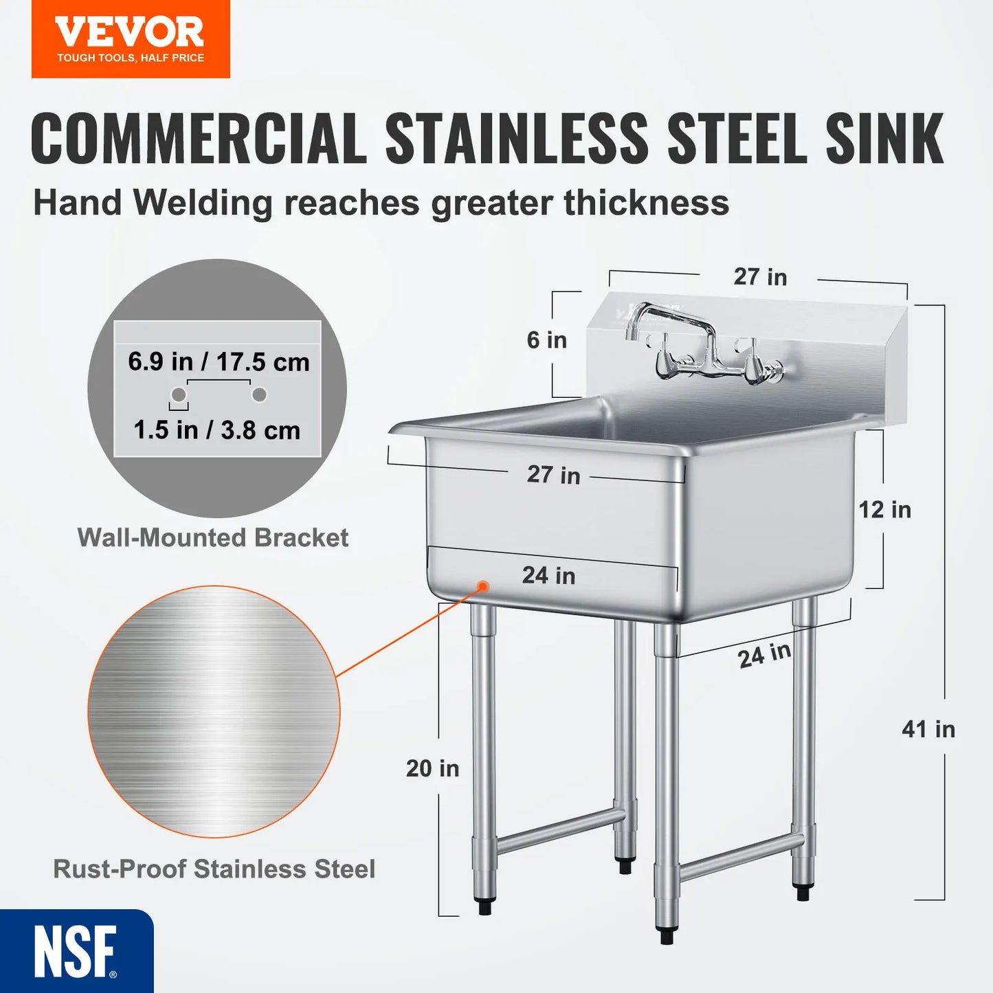 Stainless Steel Kitchen Prep Sink With Faucet 1 Compartment