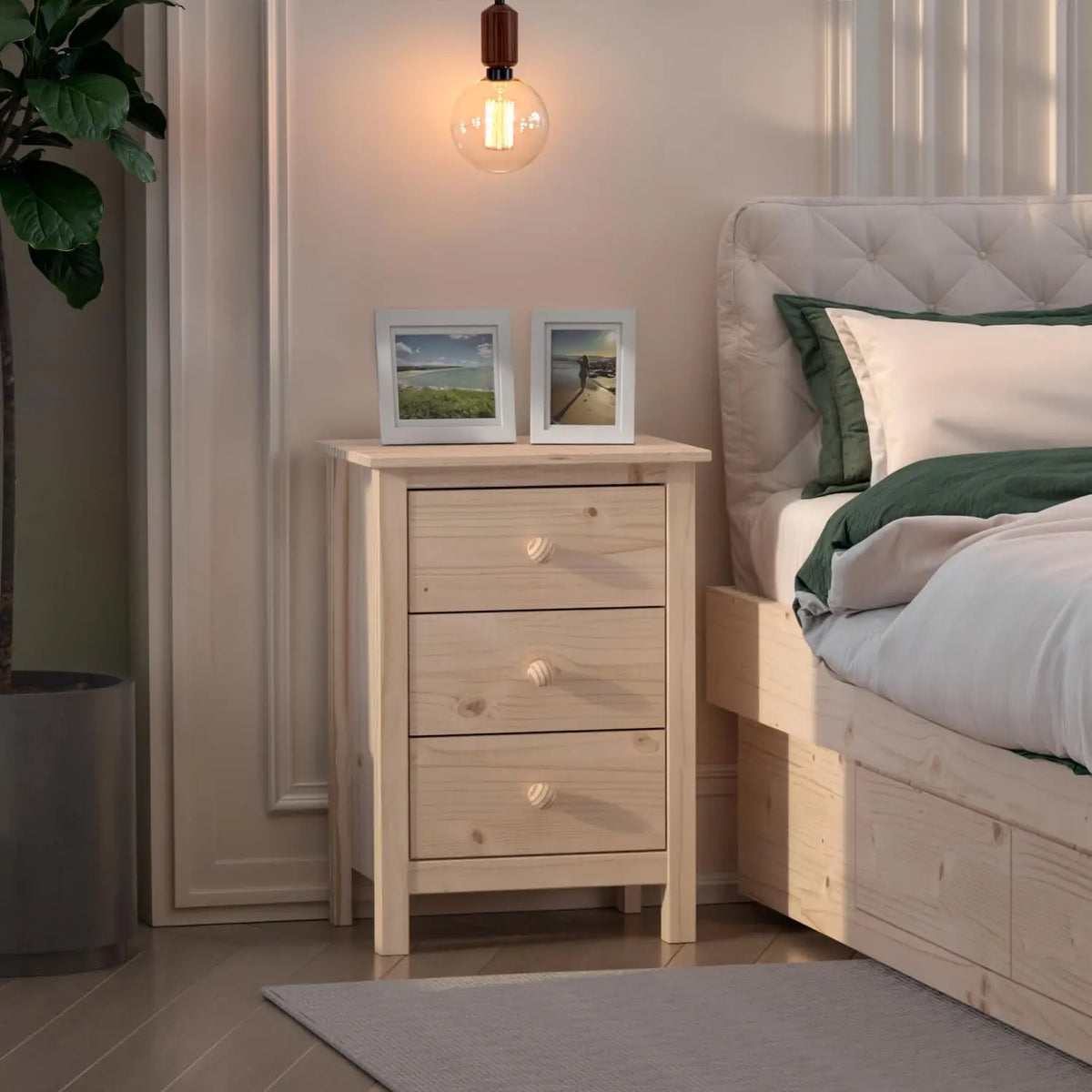 Tall Solid Pine Wood Nightstand With Three Drawers And Modern Design